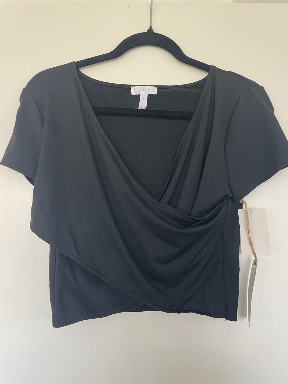 Leith Black Draped Wrap-Front Crop Top